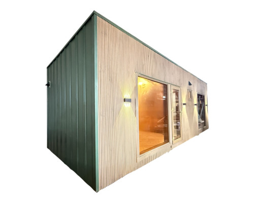 Mobile premium sauna 8.0×3.5×3.0 m made of thermowood | Thermowood Production