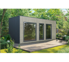 Gartensauna-44, a 6.5×2.5 m modular sauna made of thermally modified wood, is a turnkey solution