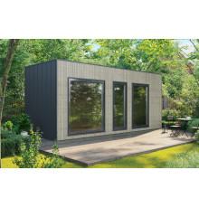 Gartensauna-44, a 6.5×2.5 m modular sauna made of thermally modified wood, is a turnkey solution