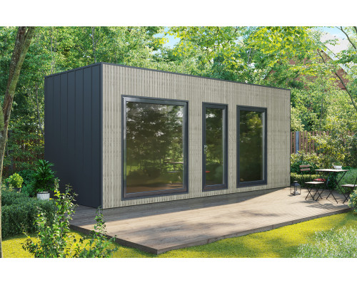 Gartensauna-44, a 6.5×2.5 m modular sauna made of thermally modified wood, is a turnkey solution