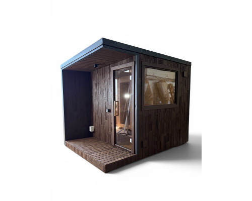 Gartensauna-60, a turnkey mobile sauna with a veranda made of thermally modified wood (3.0 x 2.2 m)