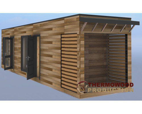 Modulares Sauna-Komplex 24 m² mit Geräteraum & Holzschuppen für Glamping | Thermowood Production