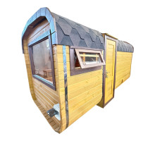 Premium Quadro-Saunafass 4,5 m aus Thermoholz mit Ruheraum & Dusche. Zollfreier EU-Export
