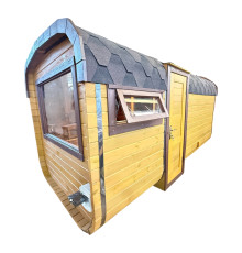 Premium Quadro-Saunafass 4,5 m aus Thermoholz mit Ruheraum & Dusche. Zollfreier EU-Export