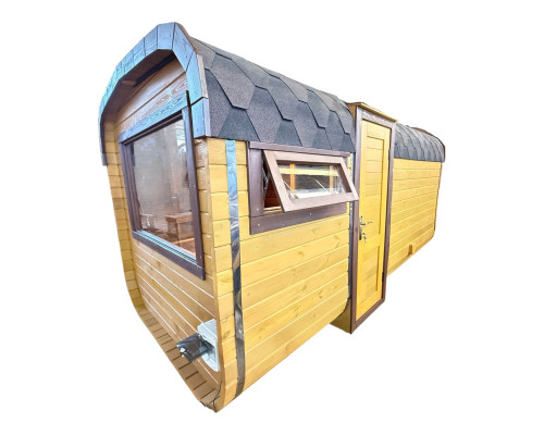 Premium Quadro-Saunafass 4,5 m aus Thermoholz mit Ruheraum & Dusche. Zollfreier EU-Export