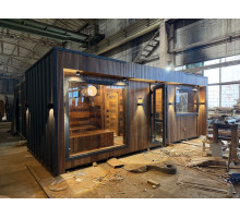 Modulare Premium-Sauna 7,0 x 3,2 m aus Thermoholz mit Bad. Schlüsselfertiges 4-in-1 SPA-Konzept. Zollfreier EU-Export