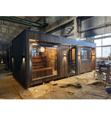 Modulare Premium-Sauna 7,0 x 3,2 m aus Thermoholz mit Bad. Schlüsselfertiges 4-in-1 SPA-Konzept. Zollfreier EU-Export