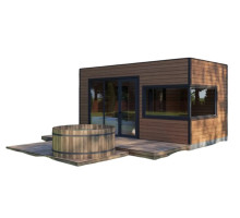 Gartensauna-1, eine schlüsselfertige, mobile Modulsauna mit den Maßen 6 x 3 m