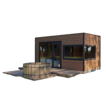 Gartensauna-1, eine schlüsselfertige, mobile Modulsauna mit den Maßen 6 x 3 m