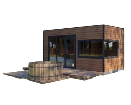Gartensauna-1, eine schlüsselfertige, mobile Modulsauna mit den Maßen 6 x 3 m