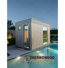 Mobile Modulsauna mit Dusche & Ofen 3,3 × 2,3 m | Schlüsselfertige Premium-Gartensauna von Thermowood Production