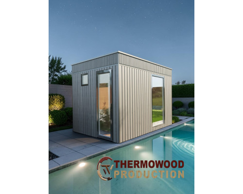 Mobile Modulsauna mit Dusche & Ofen 3,3 × 2,3 m | Schlüsselfertige Premium-Gartensauna von Thermowood Production