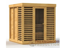 Eine schlüsselfertige mobile Holzsauna mit den Maßen 2,1 x 2,1 m von Thermowood Production