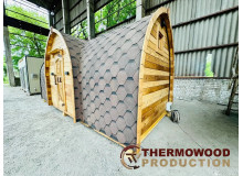 Eine fertige Wikingersauna 6,0 x 2,6 m aus Thermoholz von Thermowood Production wartet bereits in unserer Werkstatt auf Sie!