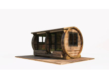 Thermowood Fasssauna 4,5 x 2,3 m mit Panoramafenstern aus der Thermowood Produktion