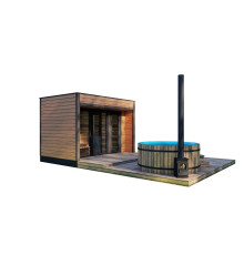 Modulbad 3,0x2,3m mit Panoramafenster Gartensauna-18 aus Thermowood Production schlüsselfertig vom Hersteller