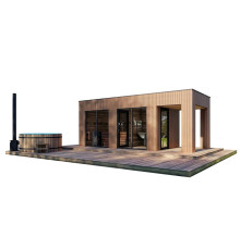 Modulbad 7,0x2,3m mit Panoramafenster Gartensauna-23 aus Thermowood Production schlüsselfertig vom Hersteller